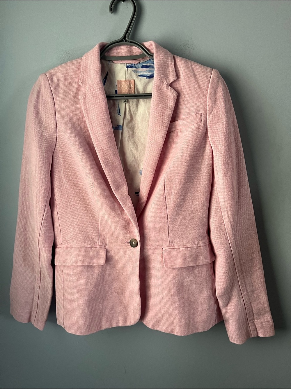 Joules Light Pink Single-Breasted Linen-Cotton Padded Blazer Pockets Size 4